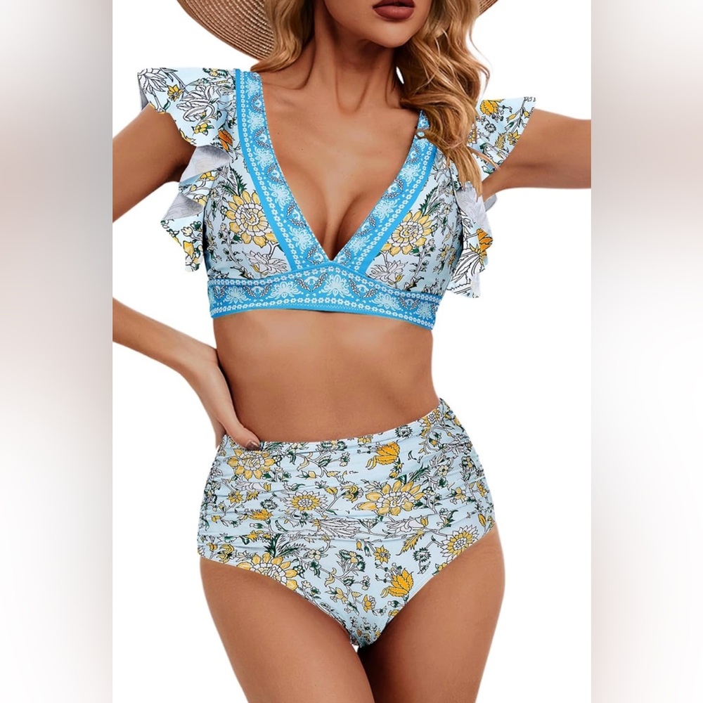 NWT Soucrat Light Green Floral Print Ruffle High Waisted 2PC Swimsuit Women’s S